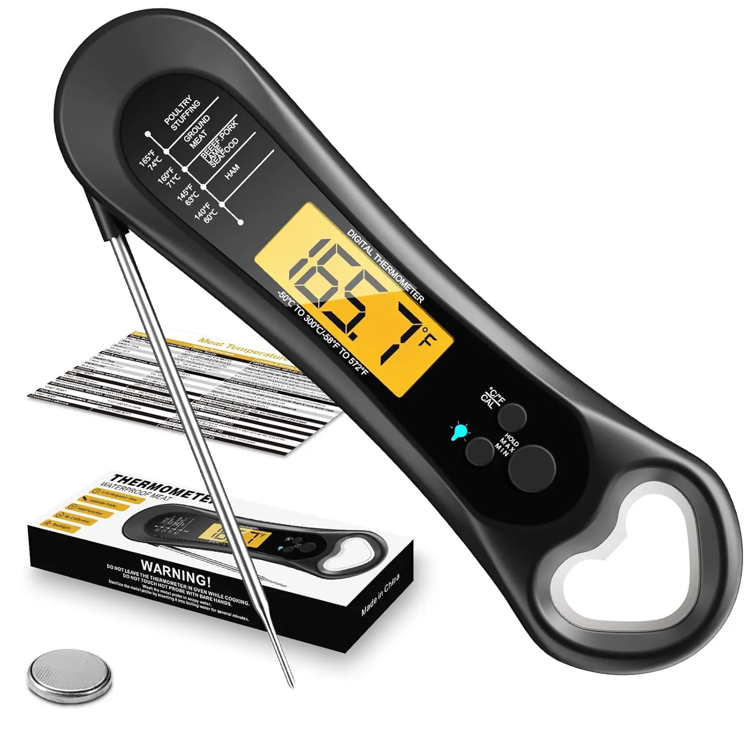 

Digital Instant Read Meat Thermometer with Backlight, Bottle Opener & Calibration for Grill, BBQ, Turkey, Candy, Liquids