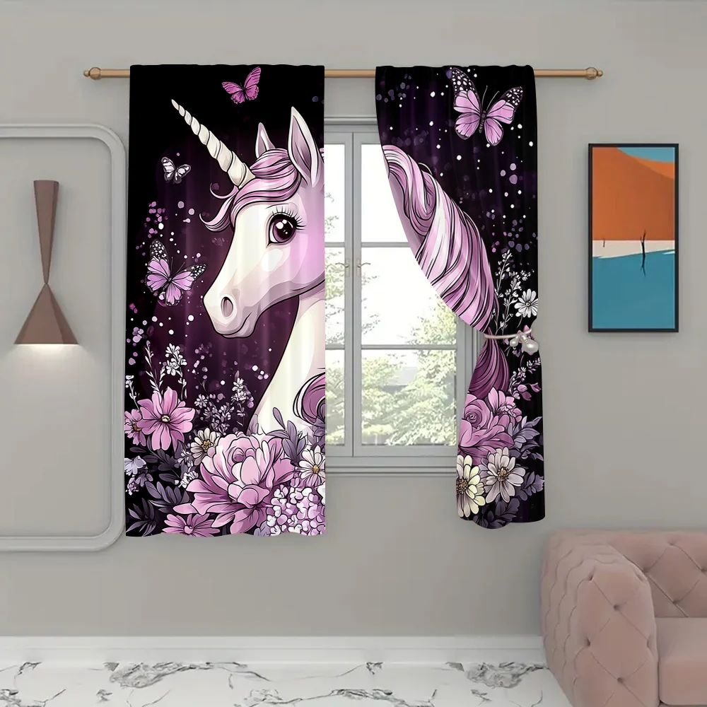 2Pcs Unicorn Curtains Pink Butterfly Curtains Chic Purple Flower Floral Blackout Curtains Horse Curtains Cute Window