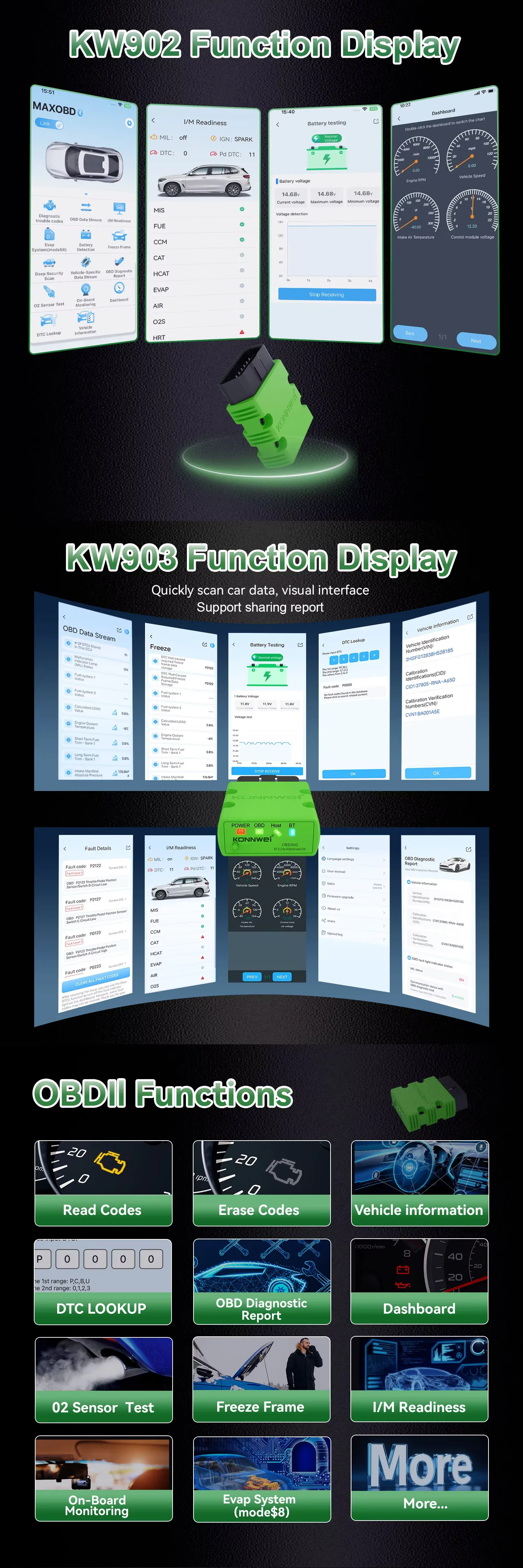 KONNWEI KW902 Bluetooth 5.2 ELM327 V1.5 OBD2 Auto-Scanner Codeleser OBDII Auto-Diagnosegerät für Android/iOS – Detail 2