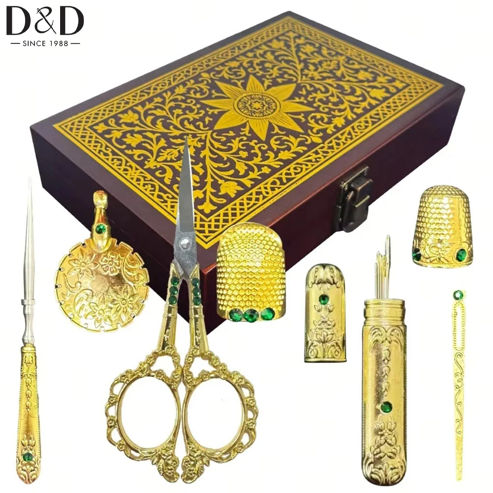 

1set European Style Antique Embroidery Set Vintage Sewing Kit Needles Scissors Binding Board with Storage Box for Sewing Crafts