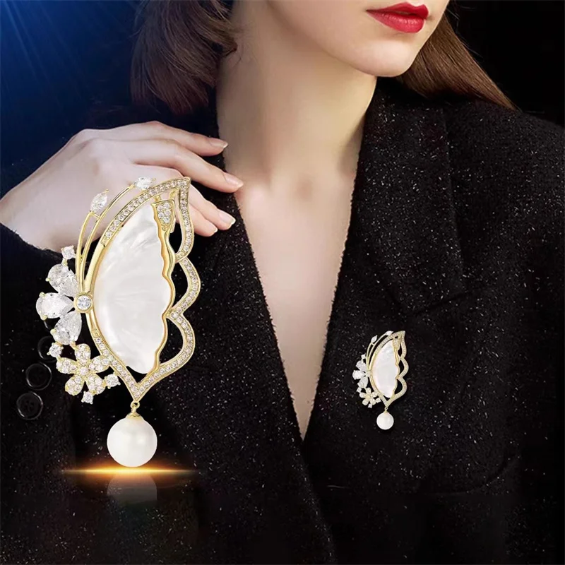 Exquisite Imitation Shell Pearl Butterfly Brooches For Women Clothing Coat Jewelry Accessories Gifts