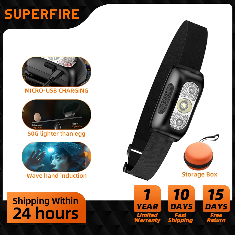 

SUPERFIRE Mini LED Headlamp With Motion Sensor, Powerful USB Rechargeable Headlight for Camping, Fishing, Work Head Flashlight