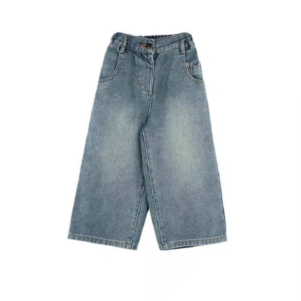 Rechte rechte jeans losse wijde pijpen kinderen Y2K jeans cowboybroek hoge taille denim broek voor kleine meisjes streetwear