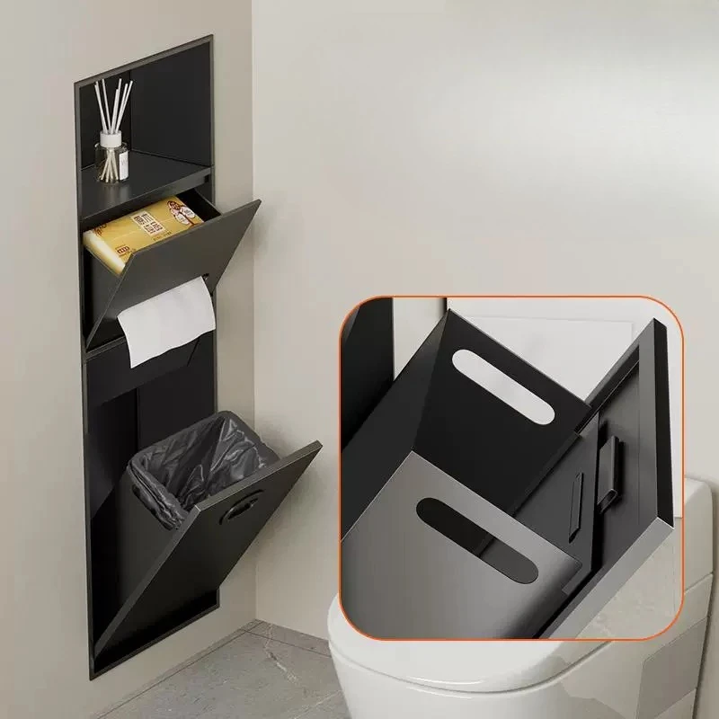 One PieceCraft Recessed Stainless Steel Bathroom Niche Built in Trash Can Door Finished Toilet Corner Cabinet Thick Baked Paint