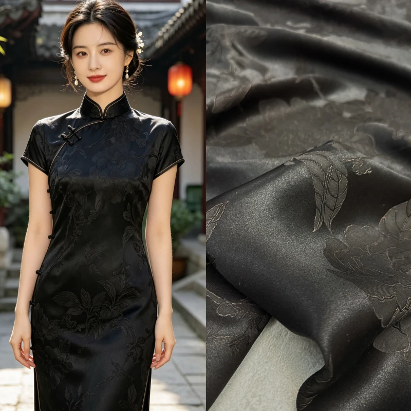 100% Mulberry Silk Gambiered Fabric Peony Floral New Chinese Style Premium for Hanfu Qipao Dress DIY Sewing Accessories