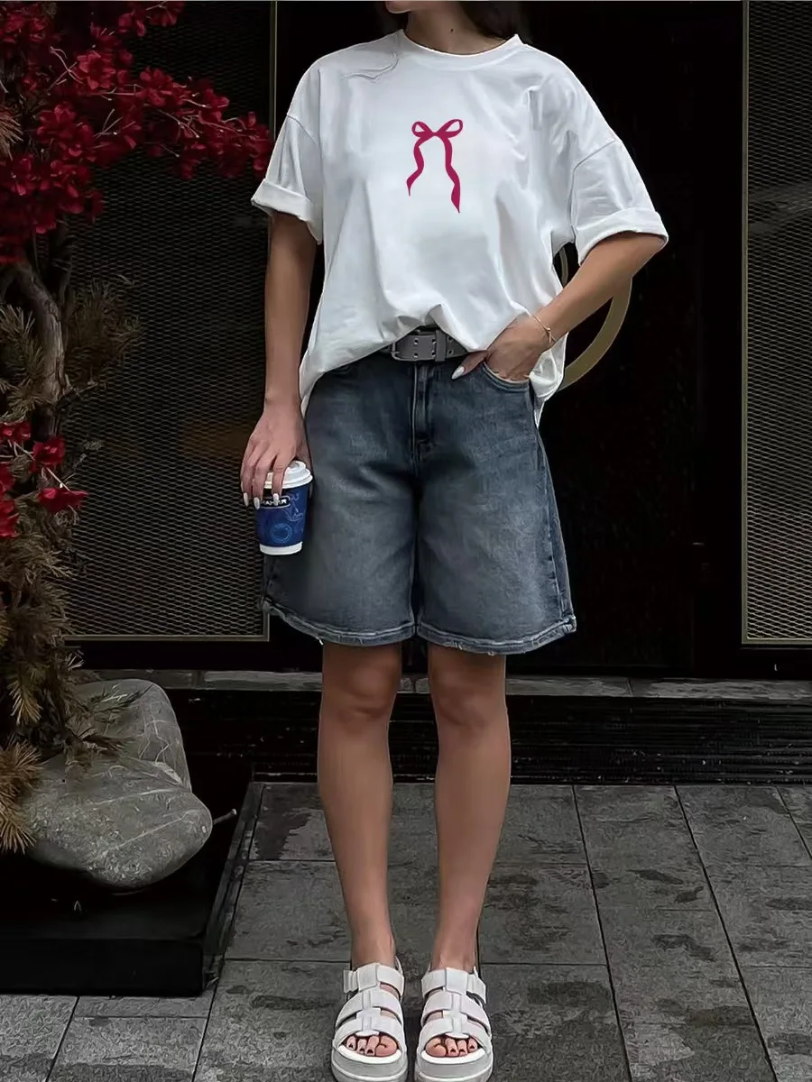 تي شيرت كاجوال من Faion فضفاض من القطن ort Sve مطبوع تي شيرت نسائي صيفي مستدير Ne مناسب للتنقل Sle Creative Pat...