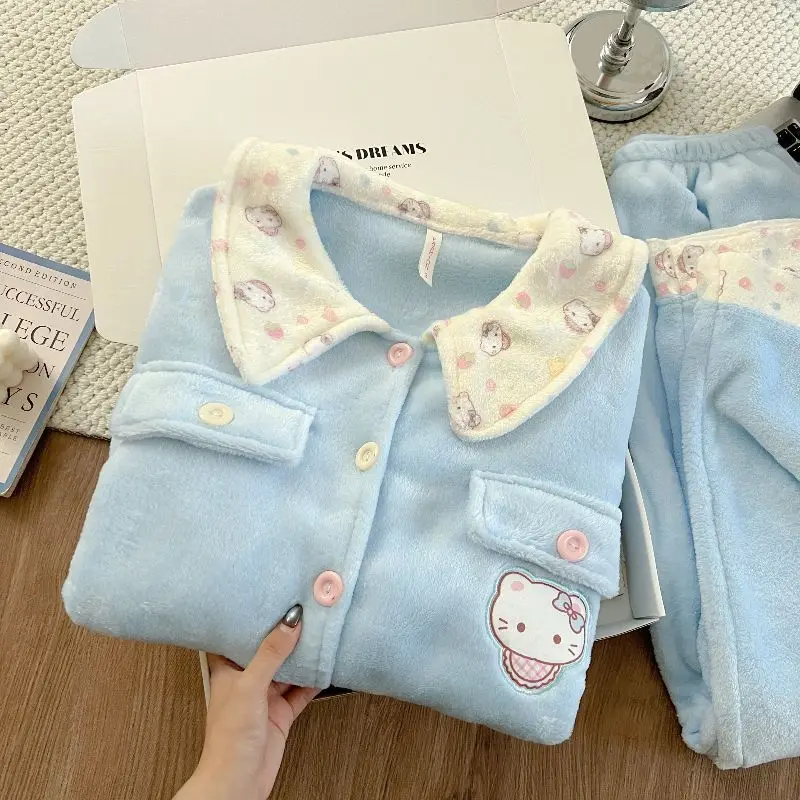 لطيف بلون الفانيلا مرحبا كيتي منامة للفتيات الشتاء طويلة الأكمام بنطلون الكرتون الطلاب المرجان المخملية سميكة الدافئة مجموعة