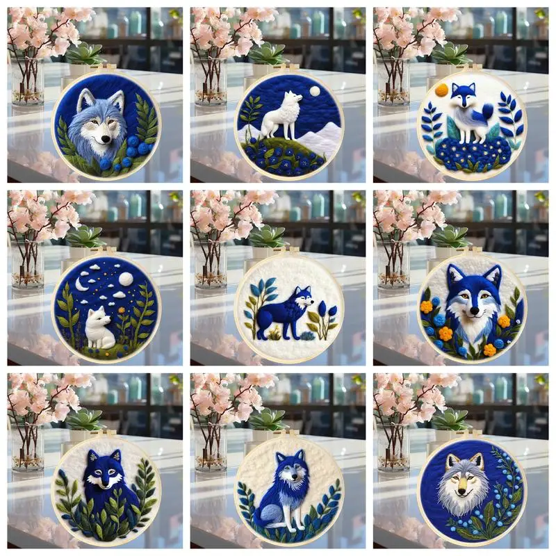 

CHENISTORY Needle Felting Painting Kit with Tools DIY Handcraft Wool Felt Art For Beginners Blue Wolf Design Home Decor Craft