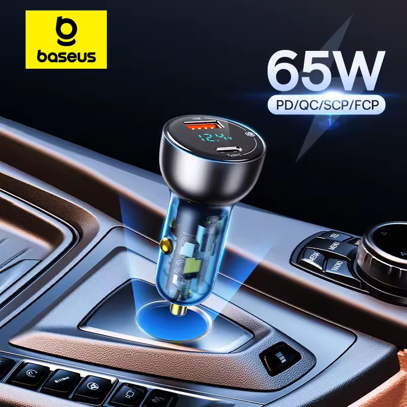 Baseus מטען לרכב 65W USB סוג C טעינה מהירה כפולה לטלפון טאבלט מחשב נייד מצית סיגריות מטען אוטומטי מתאם אביזרים