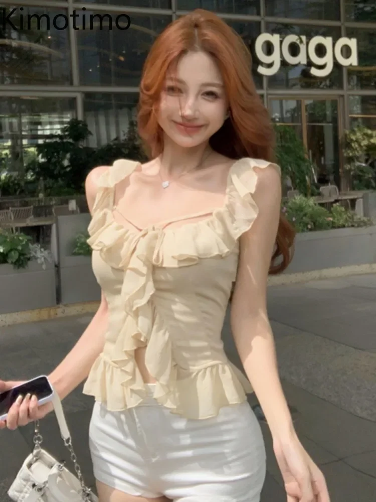 Kimotimo Women Tops Summer Ruffles Square Collar Waist Slim Fit Chiffon Short Blouse Summer Sweet All Match Sexy Y2k Chic Shirt