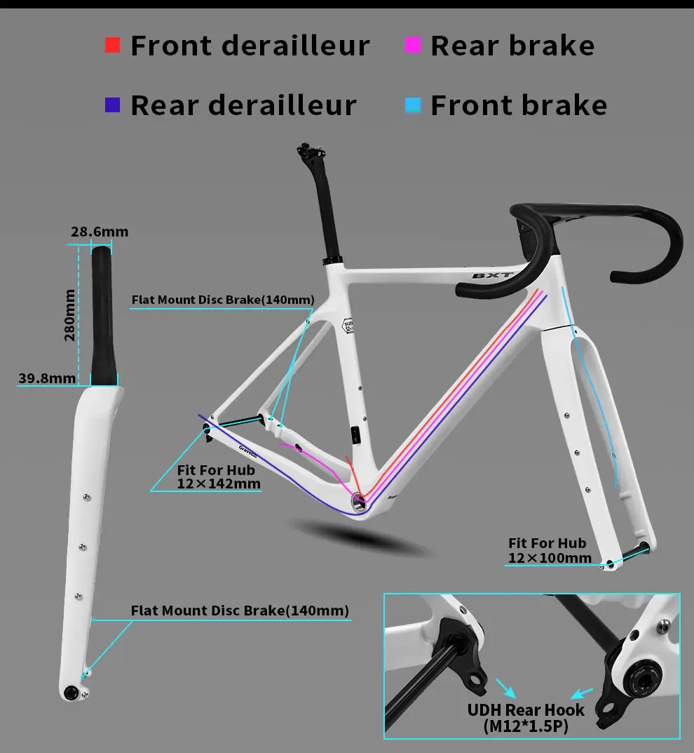 Cadre Vélo Gravel Carbone – Freins à Disque – Tailles 44-58cm – Neuf