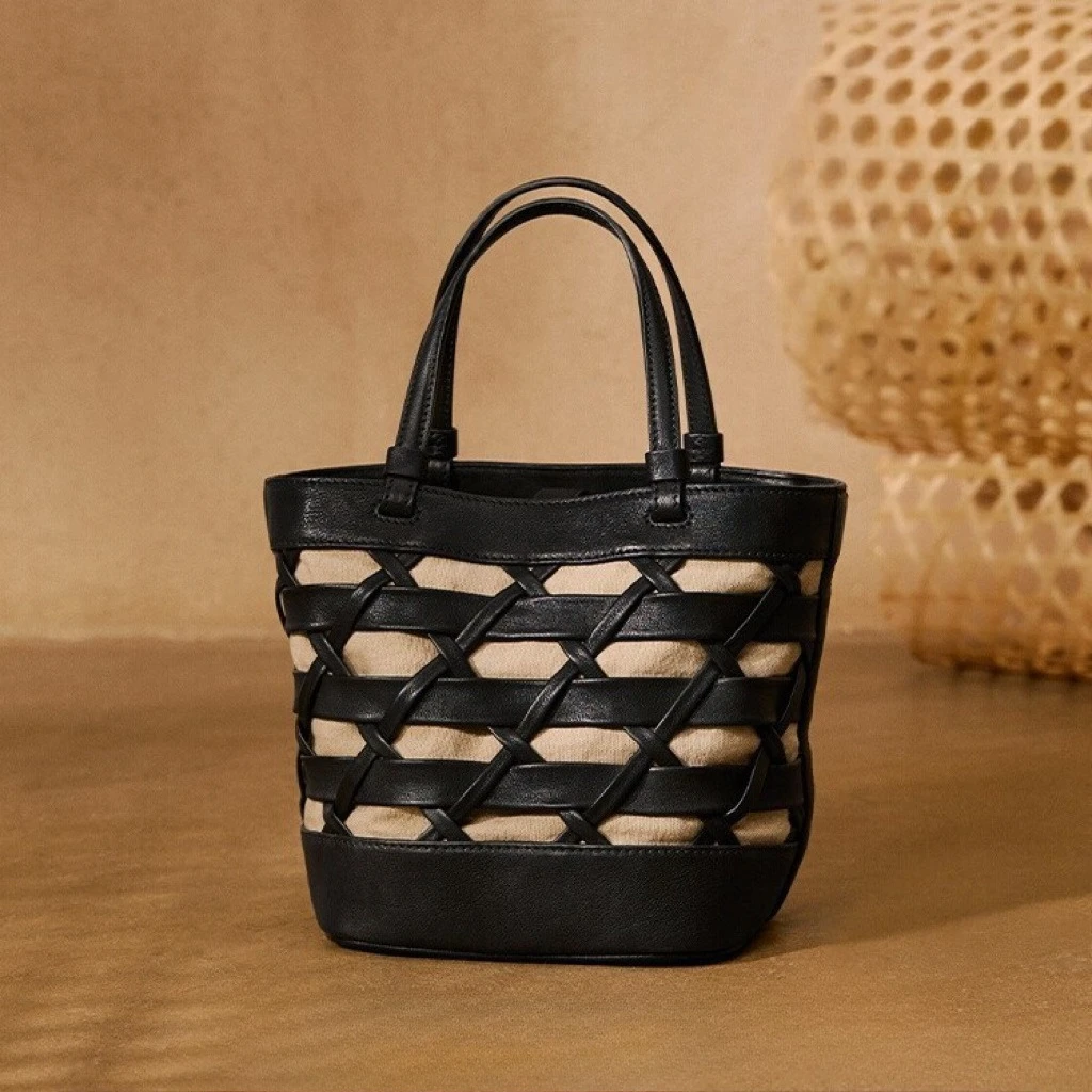 

QIUZHEN Vegetable-Tanned Cowhide Basket Weave Tote Bag Handheld, Single-Shoulder, Crossbody, Beach Bag Commuter Bucket Bag