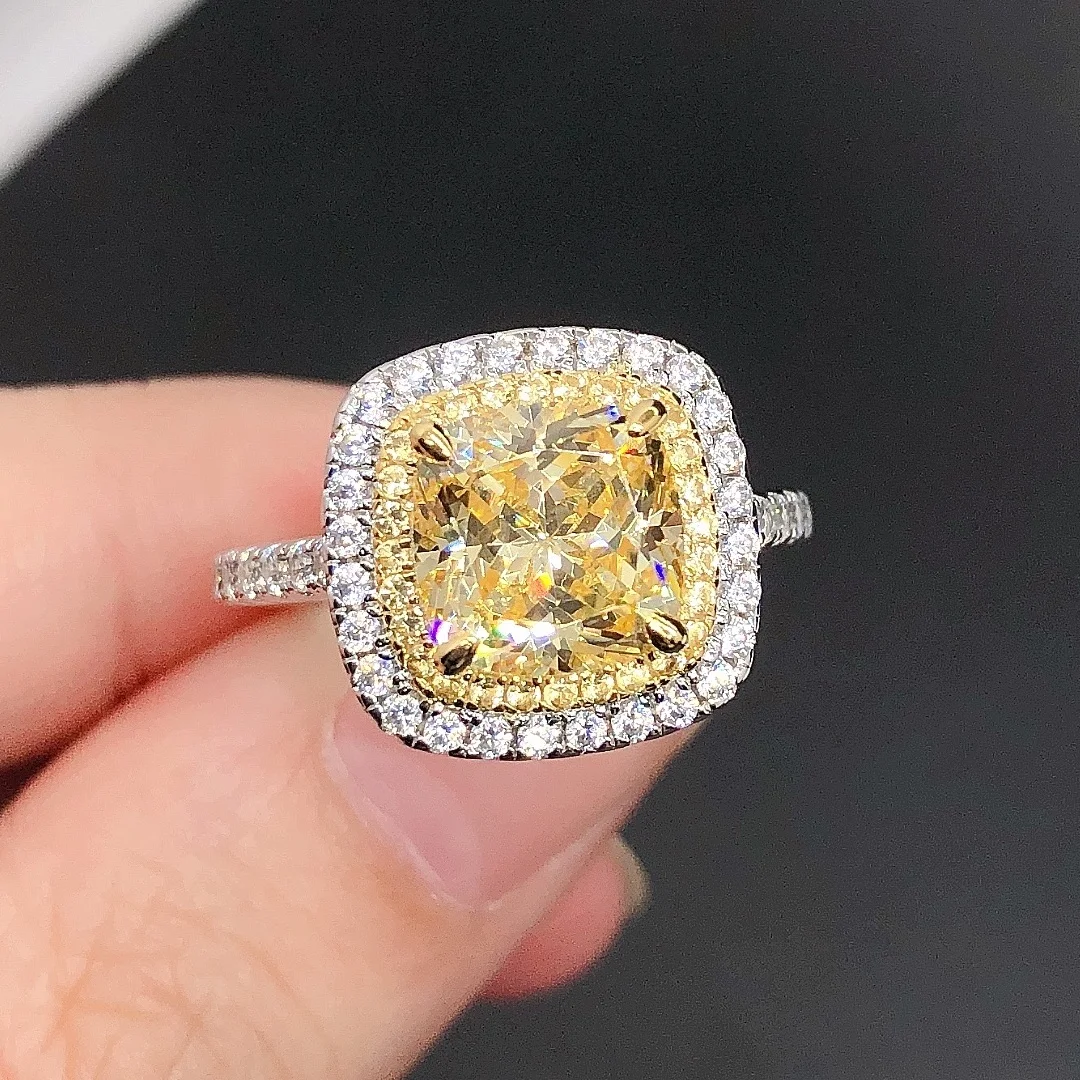 

2.5Ctw 7X7mm Cushion Cut Created Halo Yellow Diamond Engagement Ring 14K White Gold Jewelry for Women Wedding Band 209