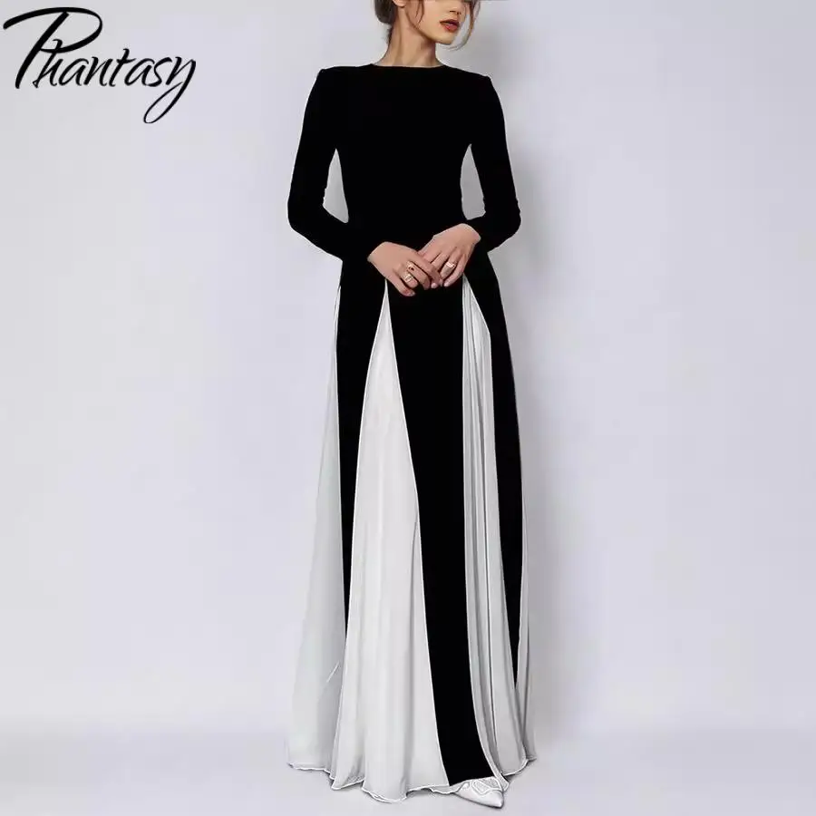 Phantasy Women Dress Long Sleevd Wedding Gown Party Banquet Dress Fashion Black White Stitching Robe Autumn Winter Female Dress