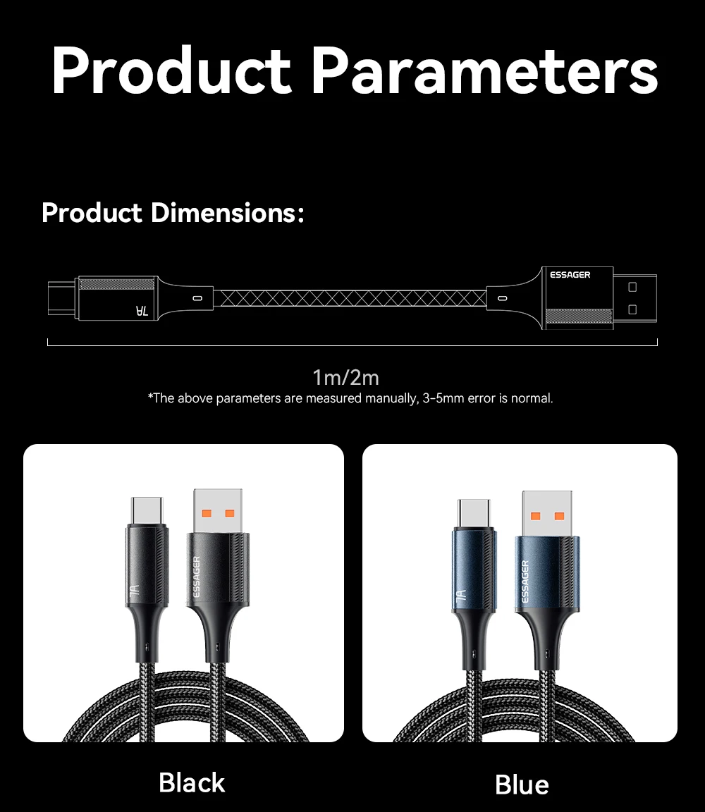 Essager 7A USB Typ C Kabel für Realme Huawei P40 Pro 100W Schnellladekabel USB-C Ladegerät Datenkabel für Samsung Xiaomi Poco F3 – Detail 16