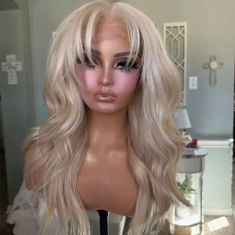 

Ombre Creamy Icy Blonde Synthetic HD Lace Front Wig with Bangs Like Jewish Wig Realistic Look for Women Party Daily Cosplay Wigs