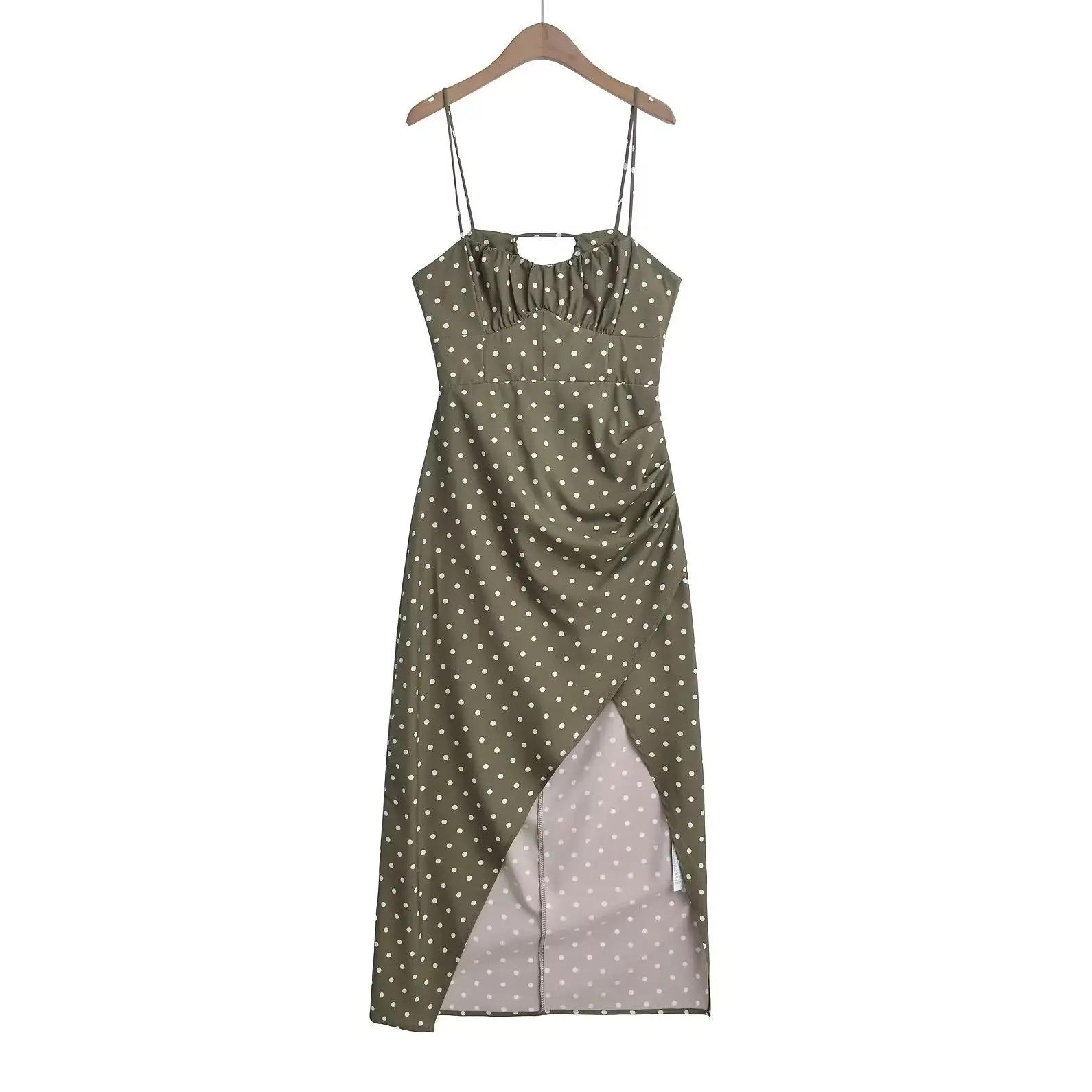 KONDALA 2025 Holiday Party Donna Green Dot Dress Pieghe Cerniera Slim Abito lungo a canotta Moda femminile Chic Abiti