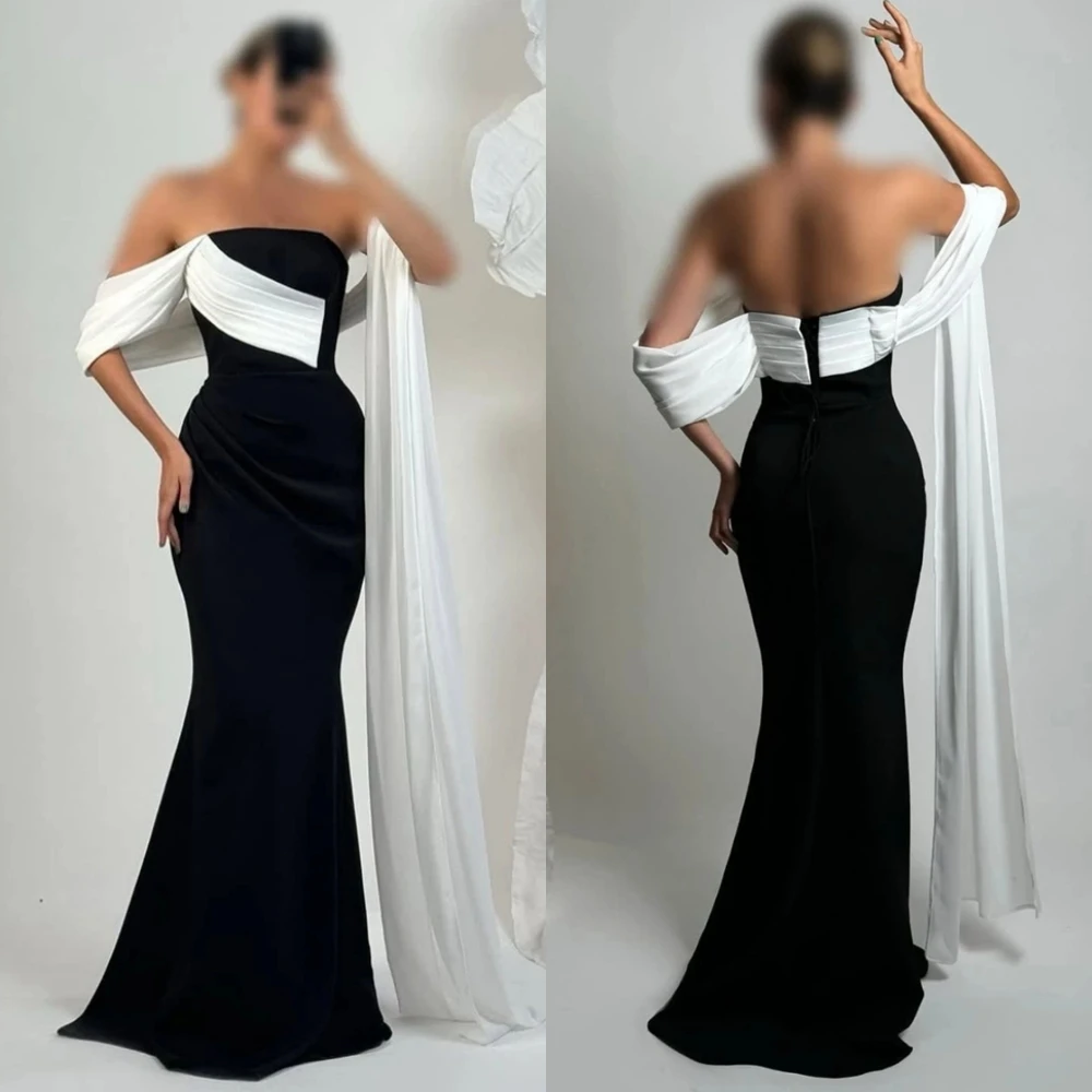 

Customized Mermaid Strapless Off the Shoulder Evening Dress Black and White Satin Party Dresses Elegant Saudi Celebrity Gowns
