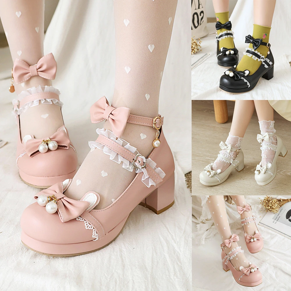 Pink Kawaii Bowknot Lolita Shoes Platform Sweet Girls Women High Heels Lolita Maid Cosplay Halloween Party PU Leather JK Shoes