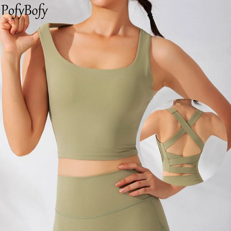 

PofyBofy Shockproof Removable Brassiere Pad Criss Cross Sexy Back Suspenders Straps Yoga Gym Workout Fitness Running Crop Top