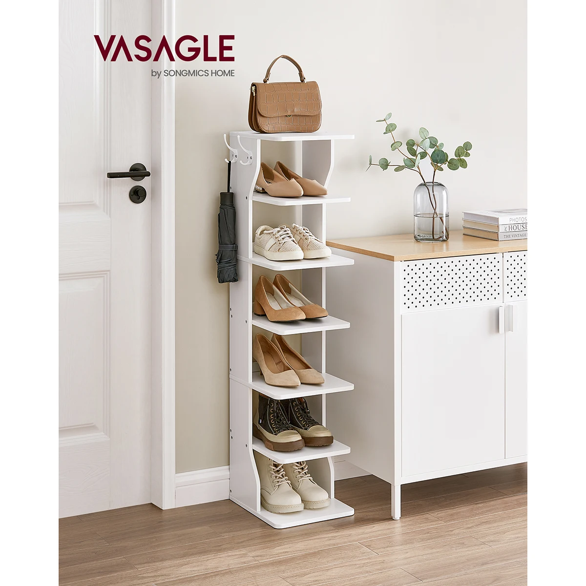 VASAGLE Étagère à Chaussures Fine, Meuble de Rangement sur Pieds 7 Niveaux, Gain de Place, pour Entrée, Coin, Rangement Chaussures