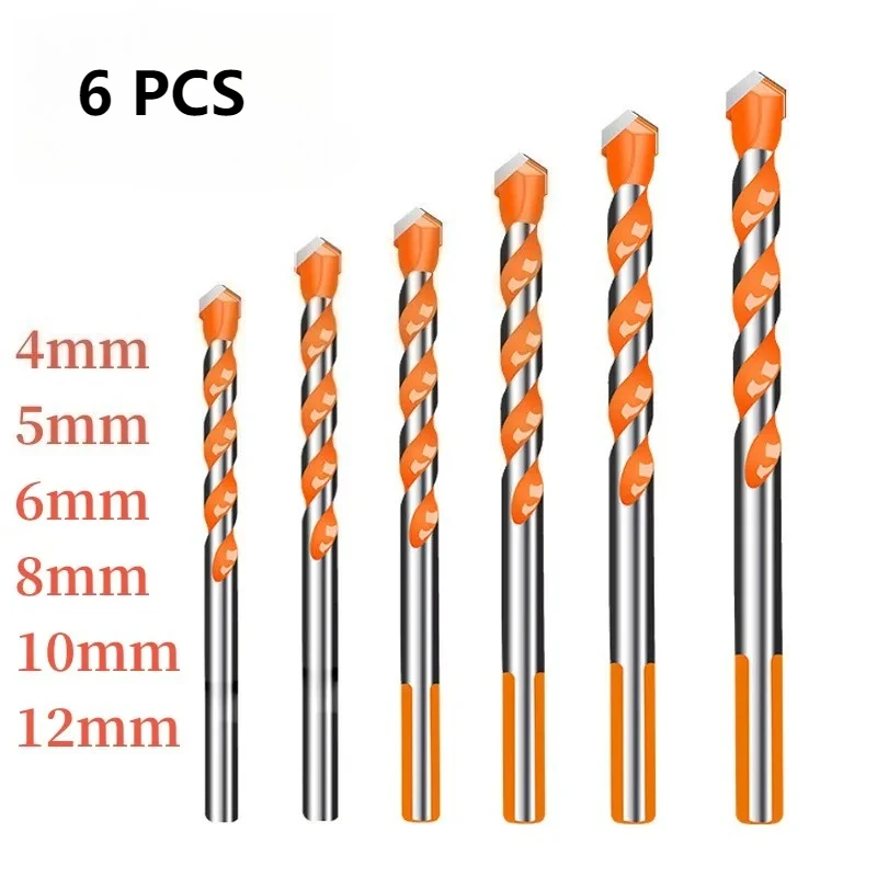 6PCS Multi-Purpose Tungsten Drill Bit Set, Triangle Shank Tile & Concrete Drill Bits for Ceramic, Marble, Glass & Metal Drilling