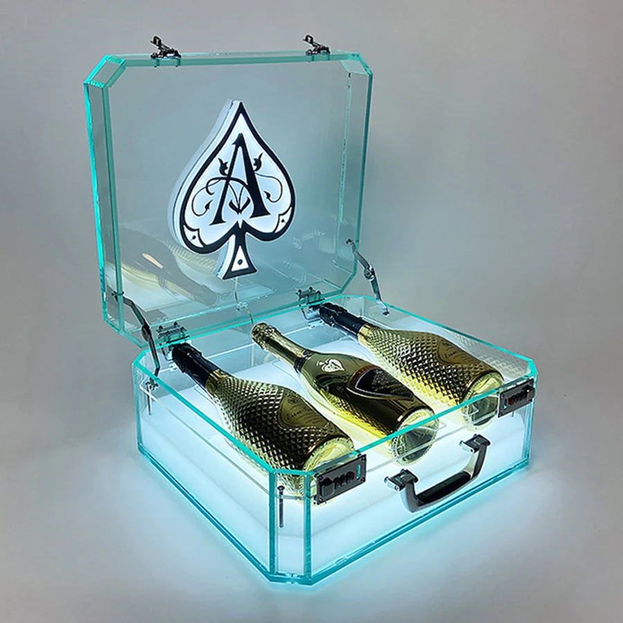 

Custom Suitcase Bottle Presenter Display Bottle Carrier VIP Service Acrylic LED Wine Bottle Box For Nightclub Bar Lounge Decor