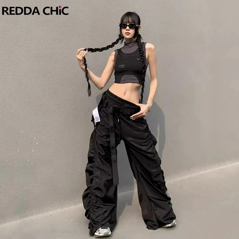 

ReddaChic Shirring Wide Leg Casual Pants for Women Solid Black Ruched Drawstring Waist Lightweight Sweatpants Grunge Streetwear