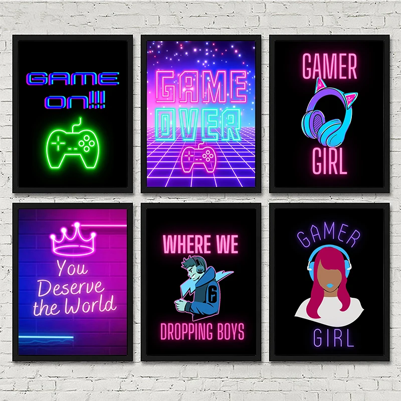 Neon Game Gaming Wall Art Poster Gamer Girl Painting Canvas Prints Pictures for Kids Boys Playroom Decor No Frame