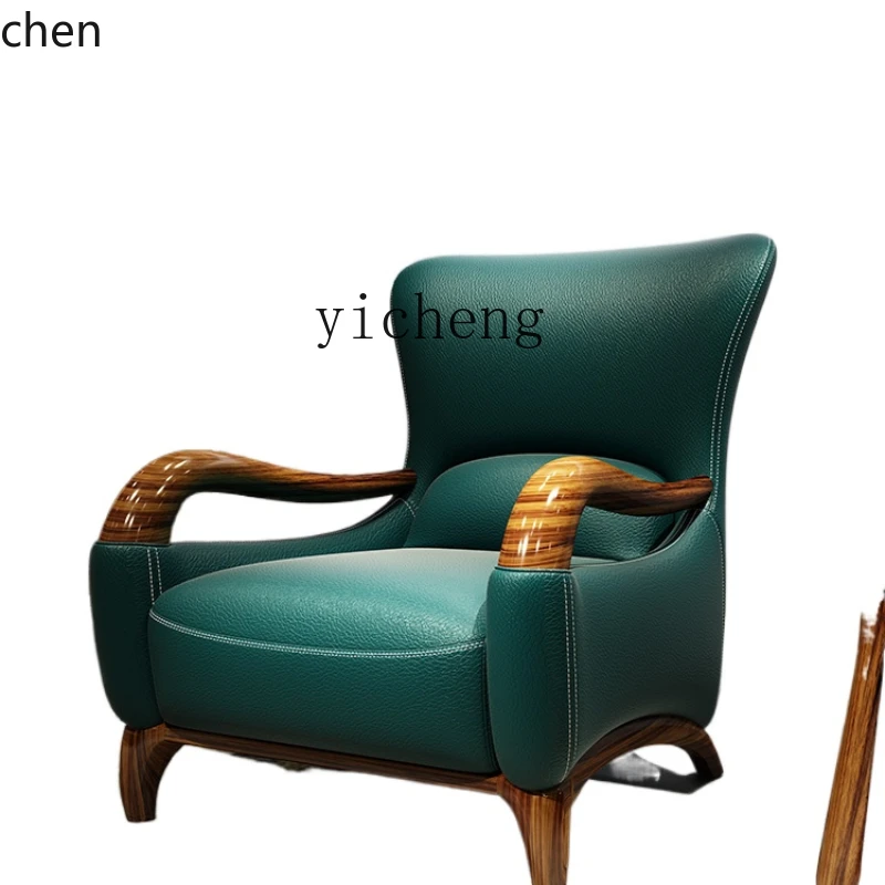 YFY Genuine Cattlehide Leather Surface Ugyen Wood Lounge Chair Creative Single Wingback Chair