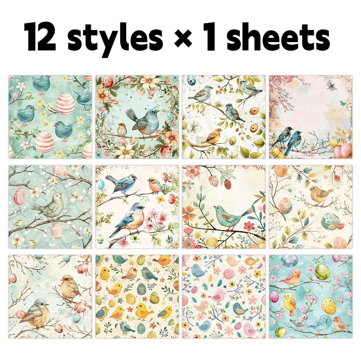 12pcs Easter Chick & Vintage Floral Egg Scrapbook Paper,Single-side Decorative Paper Pad for Card Making,Journaling,DIY Projects