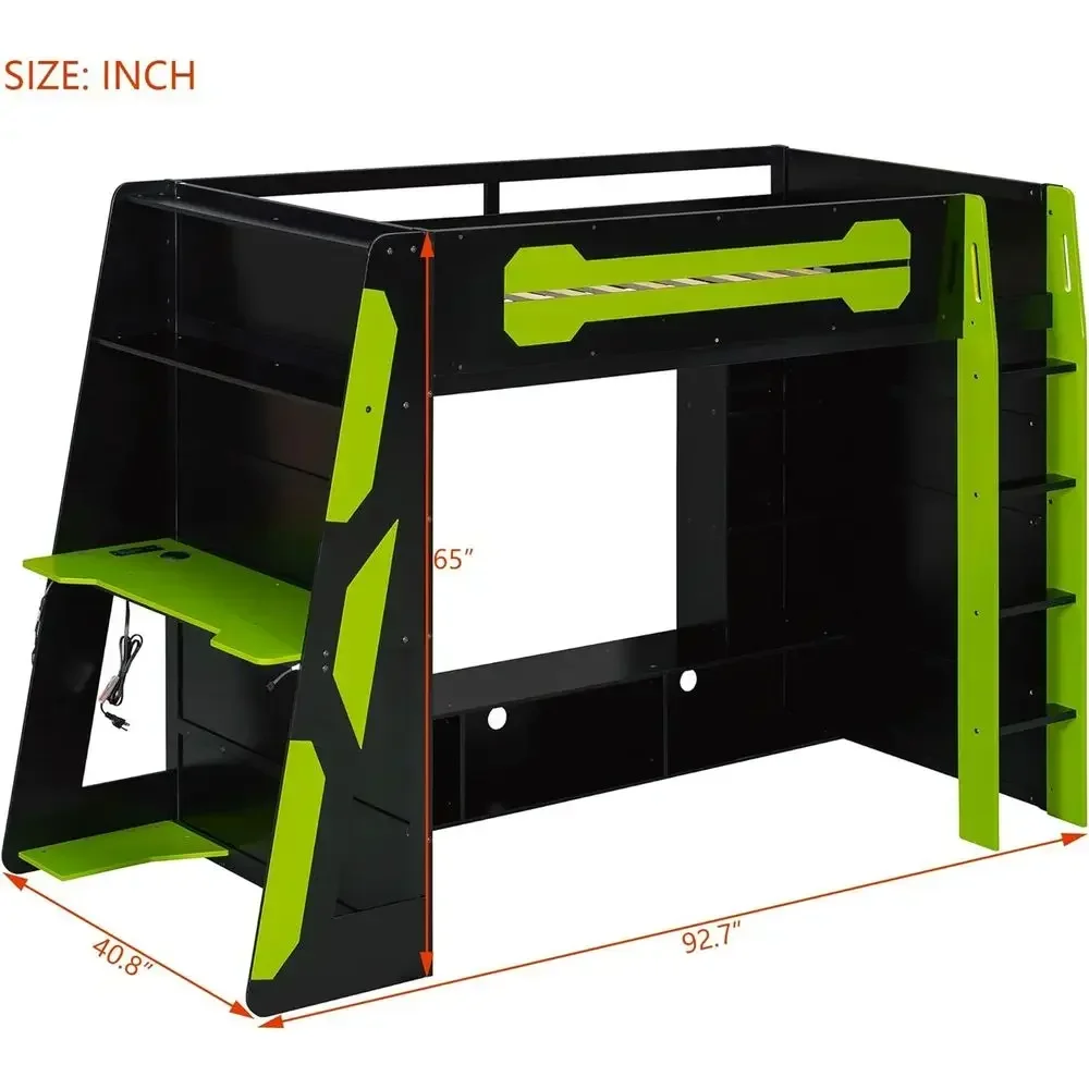 emave Gaming Lot Bed with Desk and Lights, Twin Lot Bed with Storage Shelves and Work Station, Wood Lot Bed e or Kids, Boys, Gir