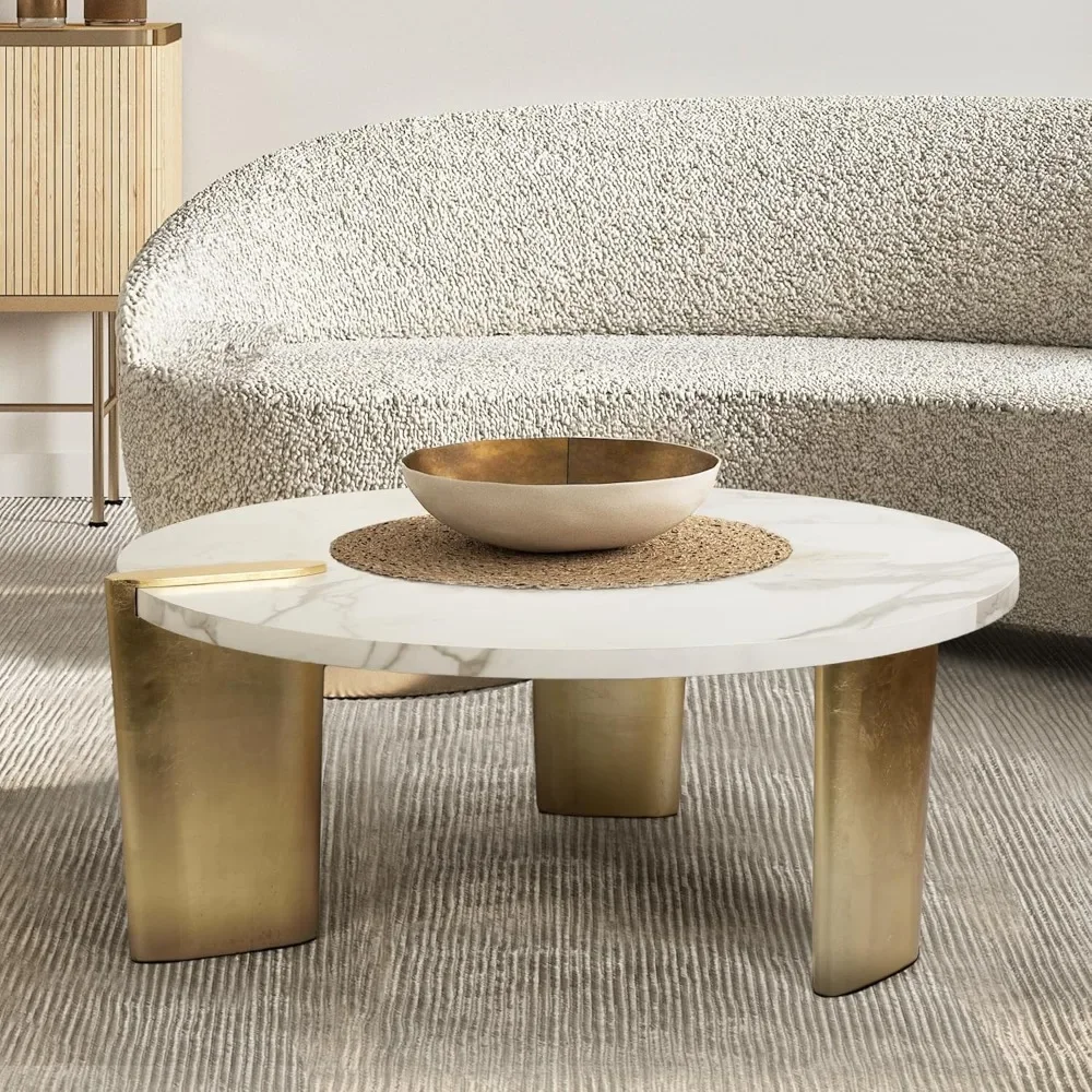 Round Coffee Table, Modern Living Room Coffee Table White Center Table With Marble Veneer Top And Gold Foil Legs, 37