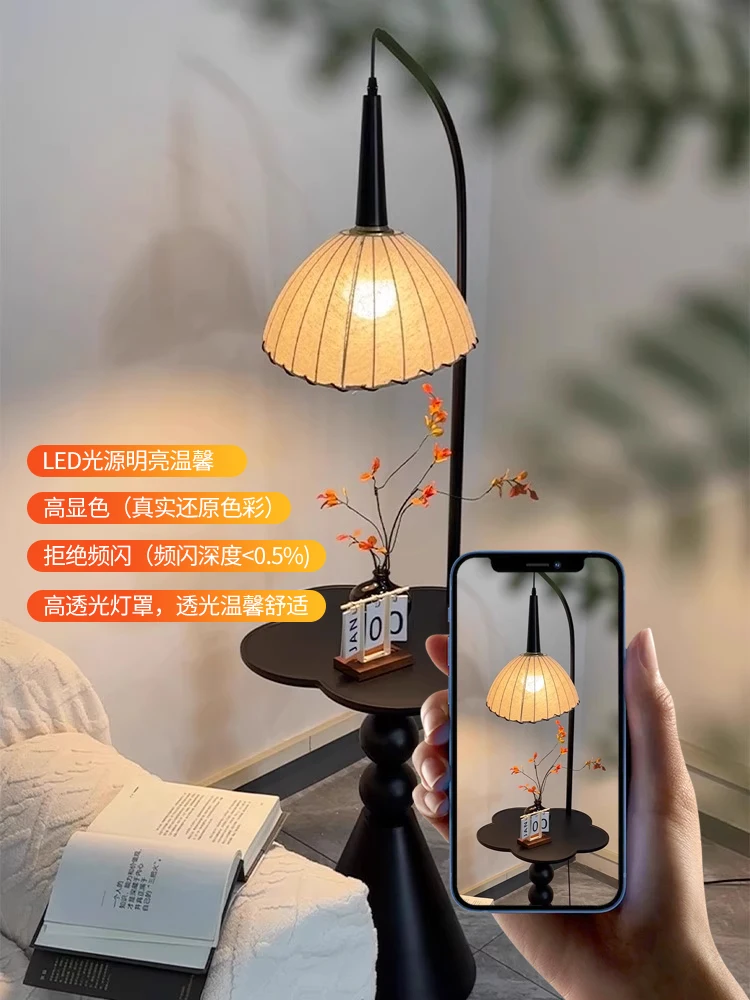 

French antique floor lamp, living room, sofa side, few shelves, bedroom bedside table