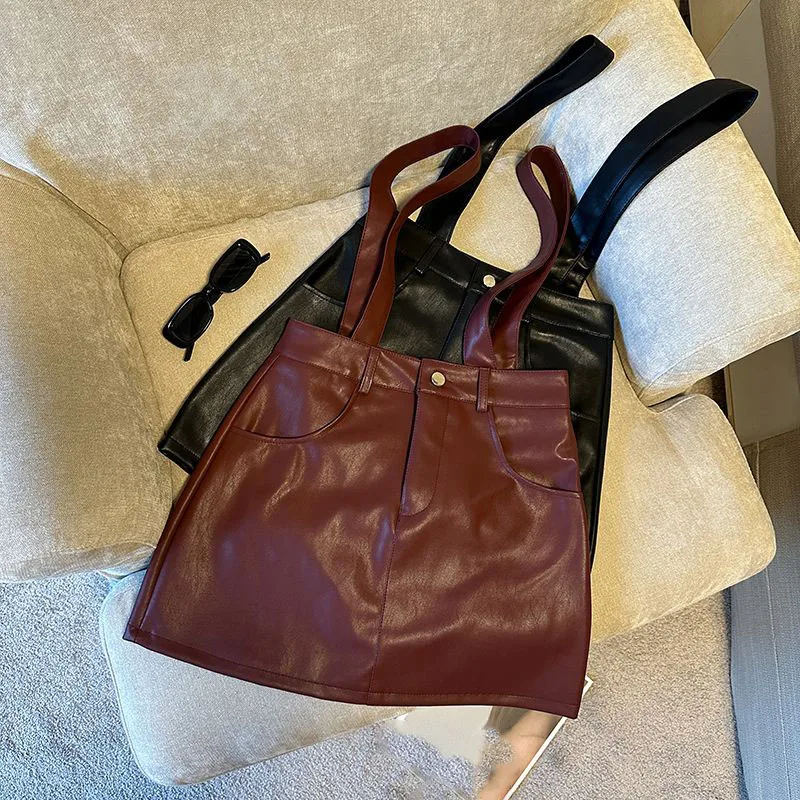 

Винтажные универсальные повседневные юбки трапециевидной формы на бретелях, ранняя осень, повседневная эстетичная модная черная кожаная юбка с высокой талией Faldas Mujer