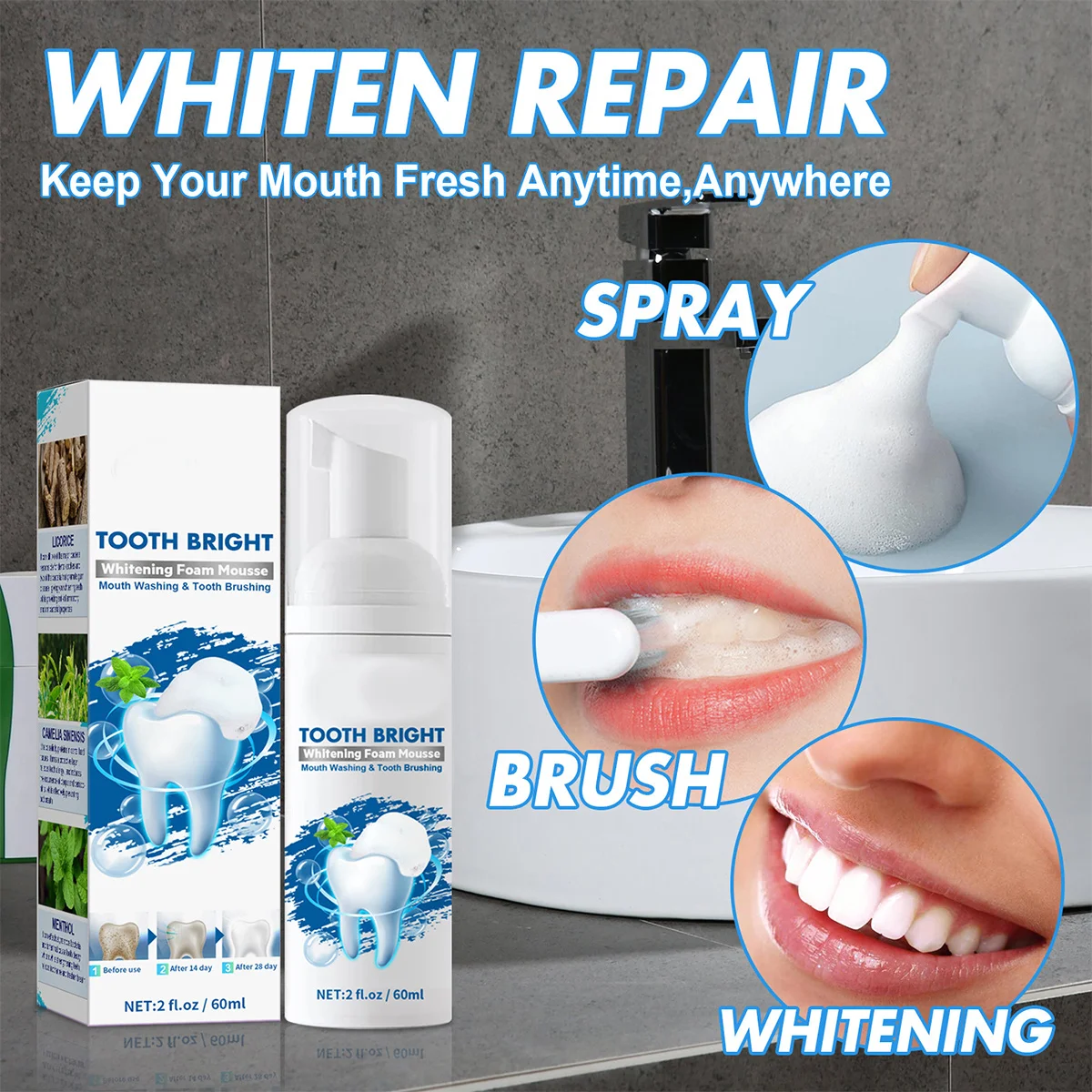 معجون أسنان موس مبيض 60 مللي لتنظيف الأسنان بشكل فعال العناية بالفم نفس منعش تصميم محمول للاستخدام المنزلي رغوة موس #3