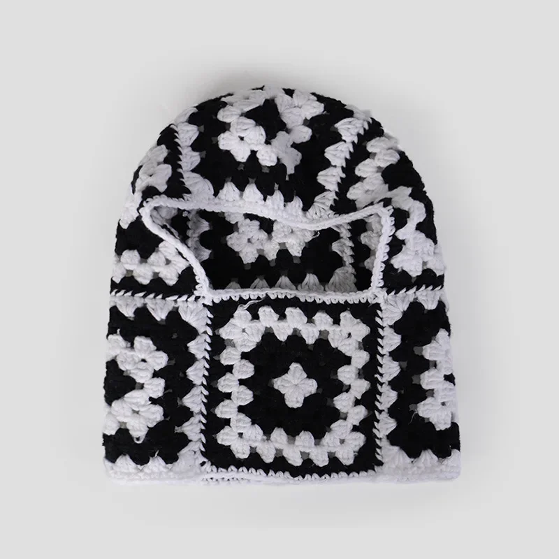 Pasamontañas de ganchillo de madera Ins para mujer, gorros de punto cálidos para invierno, gorro con capucha de bloque de color, protección para el