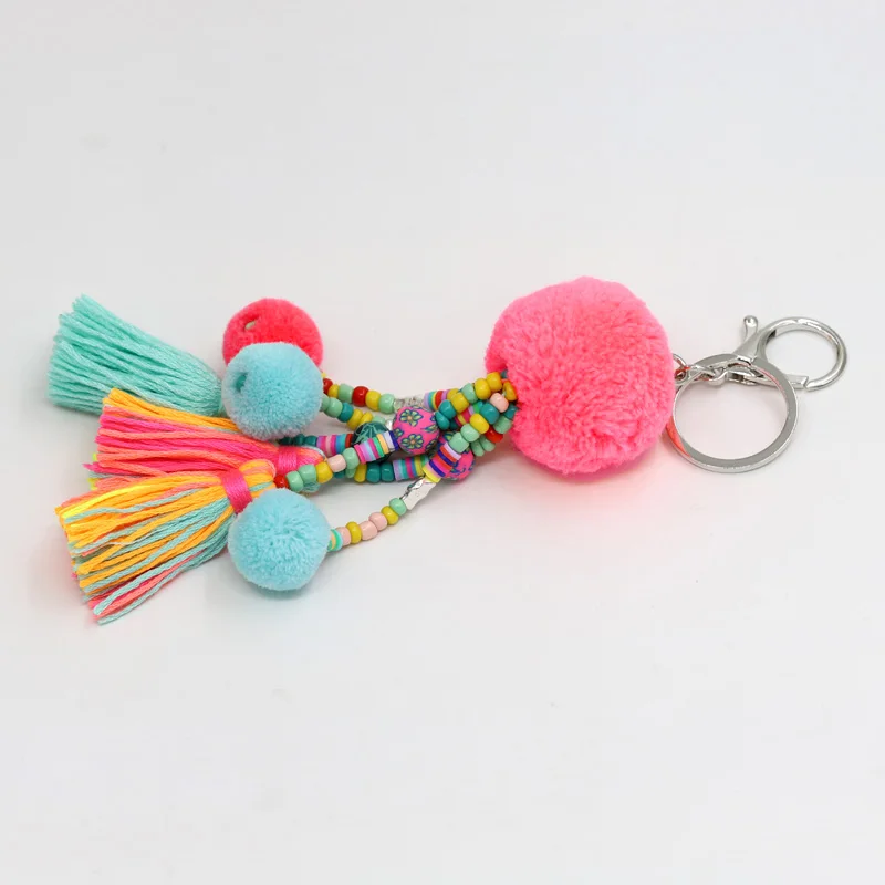 Women Jewelry Boho Keychain Colorful Beads Tassel Pompom Bag Pendant Keychain Car Key Chains Accessories Gift Female