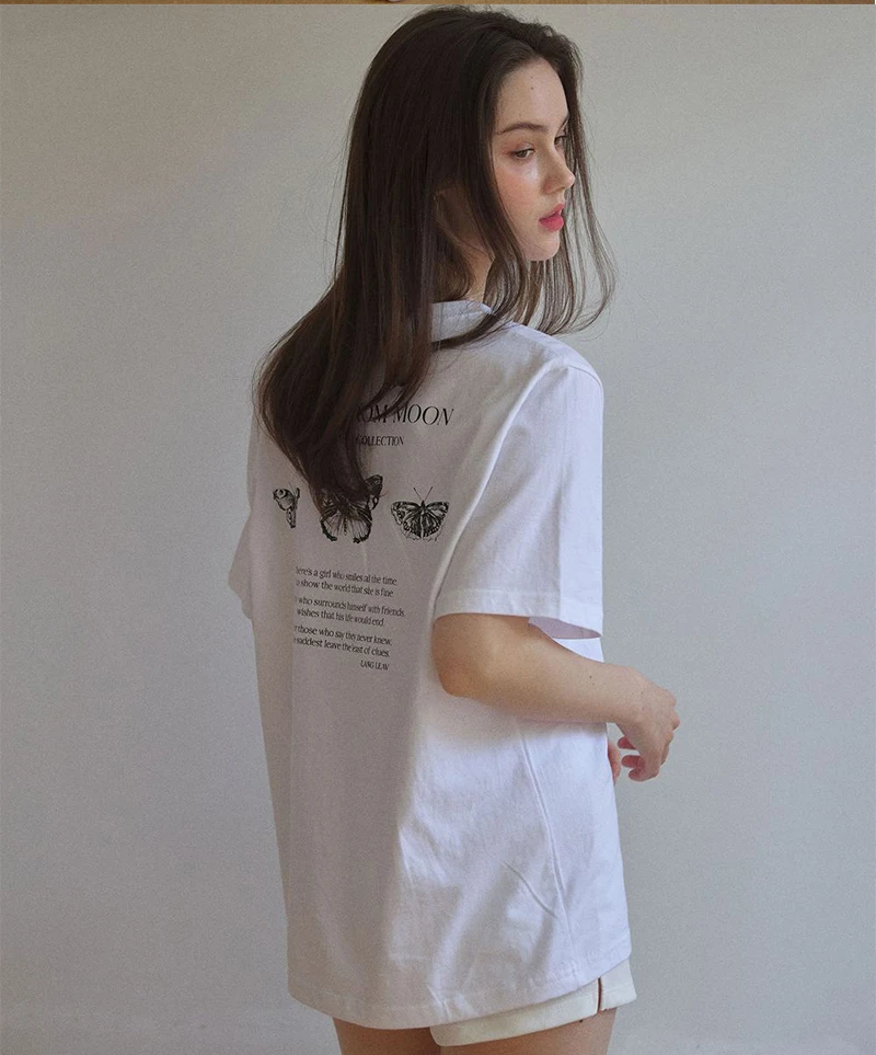 Jennie Jenny Tonal Printed T-Shirt Letter from the Moon Triple Butterfly Embroidered Loose-Fit T-Shirt 4 Colors T-Shirt