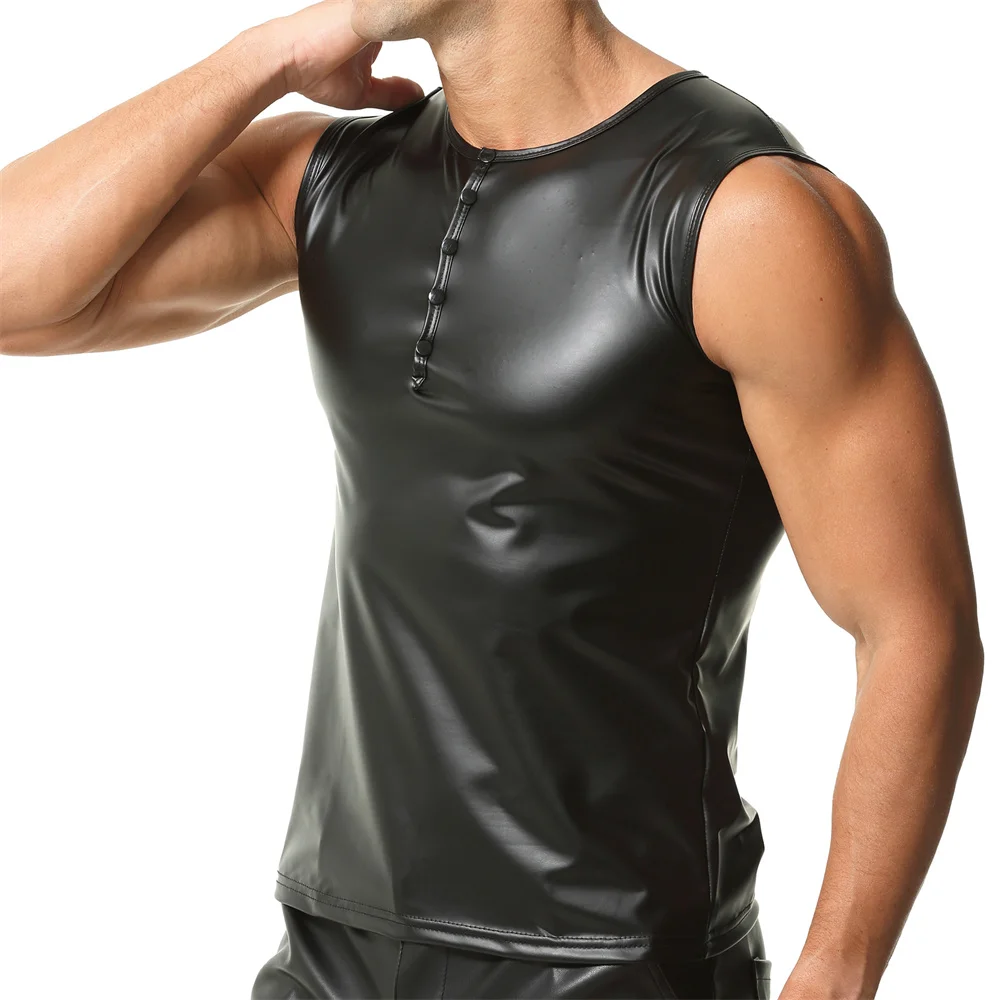 

Men's Casual Fashion Slim-fit Stretch Tank Tops Black Faux Leather Vest Sexy Button Sleeveless T-shirts Nightclub Party Singlets