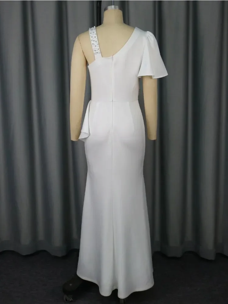 White Elegant One Shoulder Maxi Dress Asymmetric Ruffle Rhinestone Accents Vintage Perfect for Formal Events Weddings or Galas