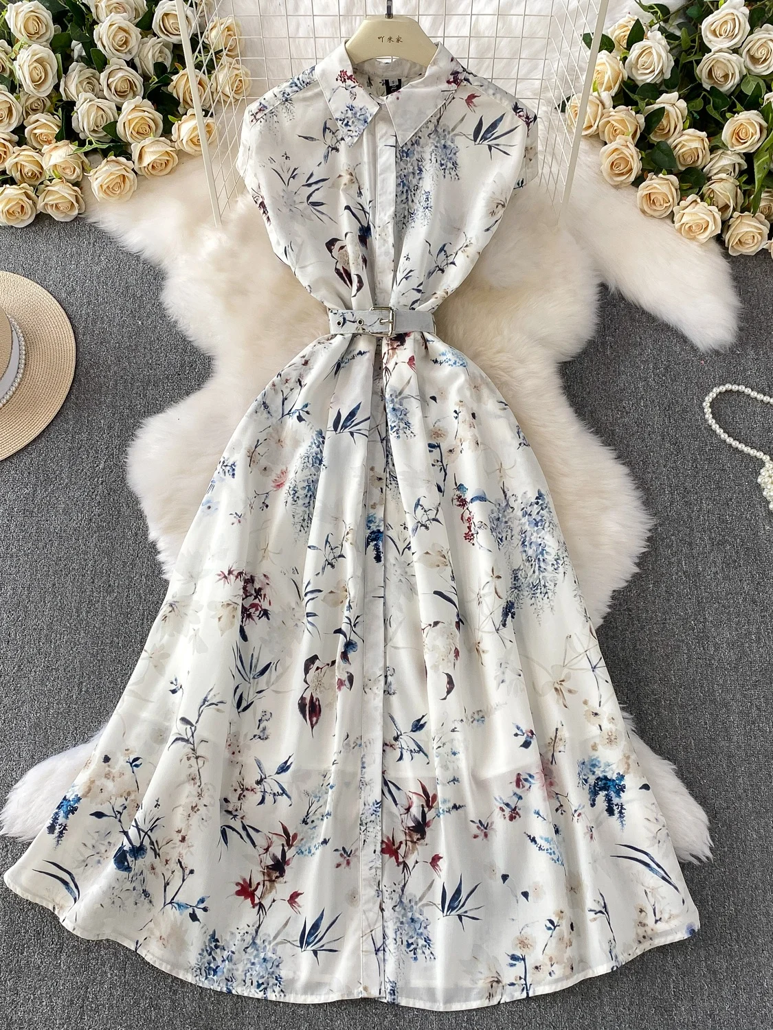 فستان قميص بياقة مطوية وطباعة أوراق الخيزران بتصميم عتيق، فستان صيفي طويل بزر واحد وقصة ضيقة على شكل حرف A للنساء