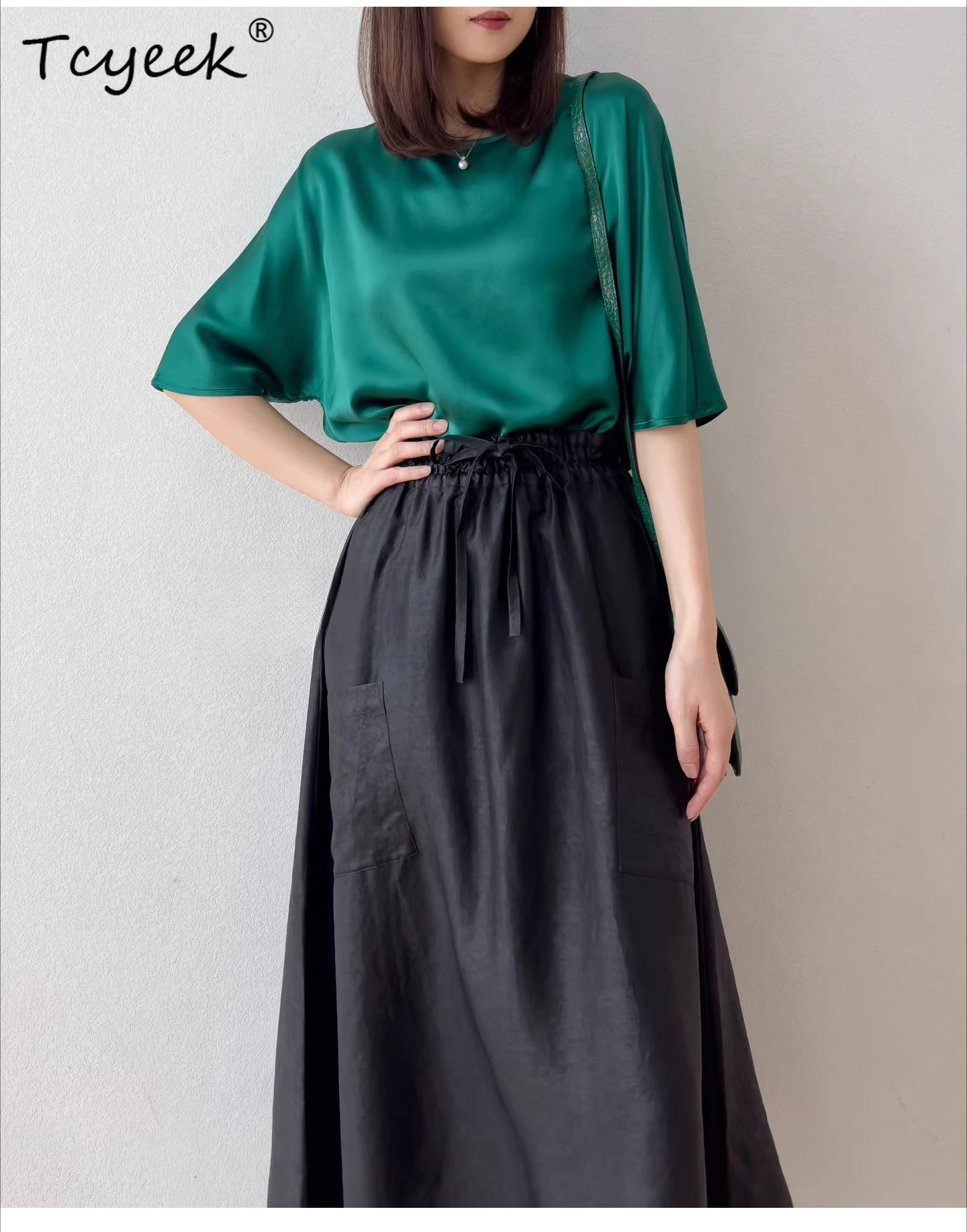 Tcyeek 100% Real Silk Long Skirts for Women 2026 Spring and Summer Black Vintage Cargo Skirt Ladies Clothing Faldones Para Mujer