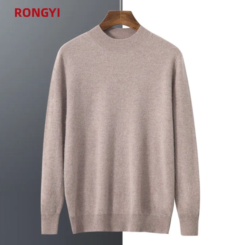 RONGYI Men\'s 100%  Goat Cashmere Pullover Half Turtleneck Sweater Autumn and Winter Warm Solid Knit Sweater Business Casual Top