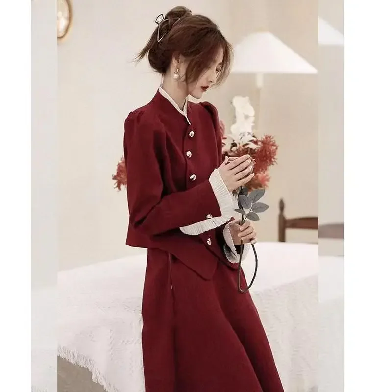 MiiiiX Office Lady Elegant Irregular Placket Coat Skirt Suit Women's 2024 Autumn Lace Splicing Jacket A-line Skirt Two-piece Set