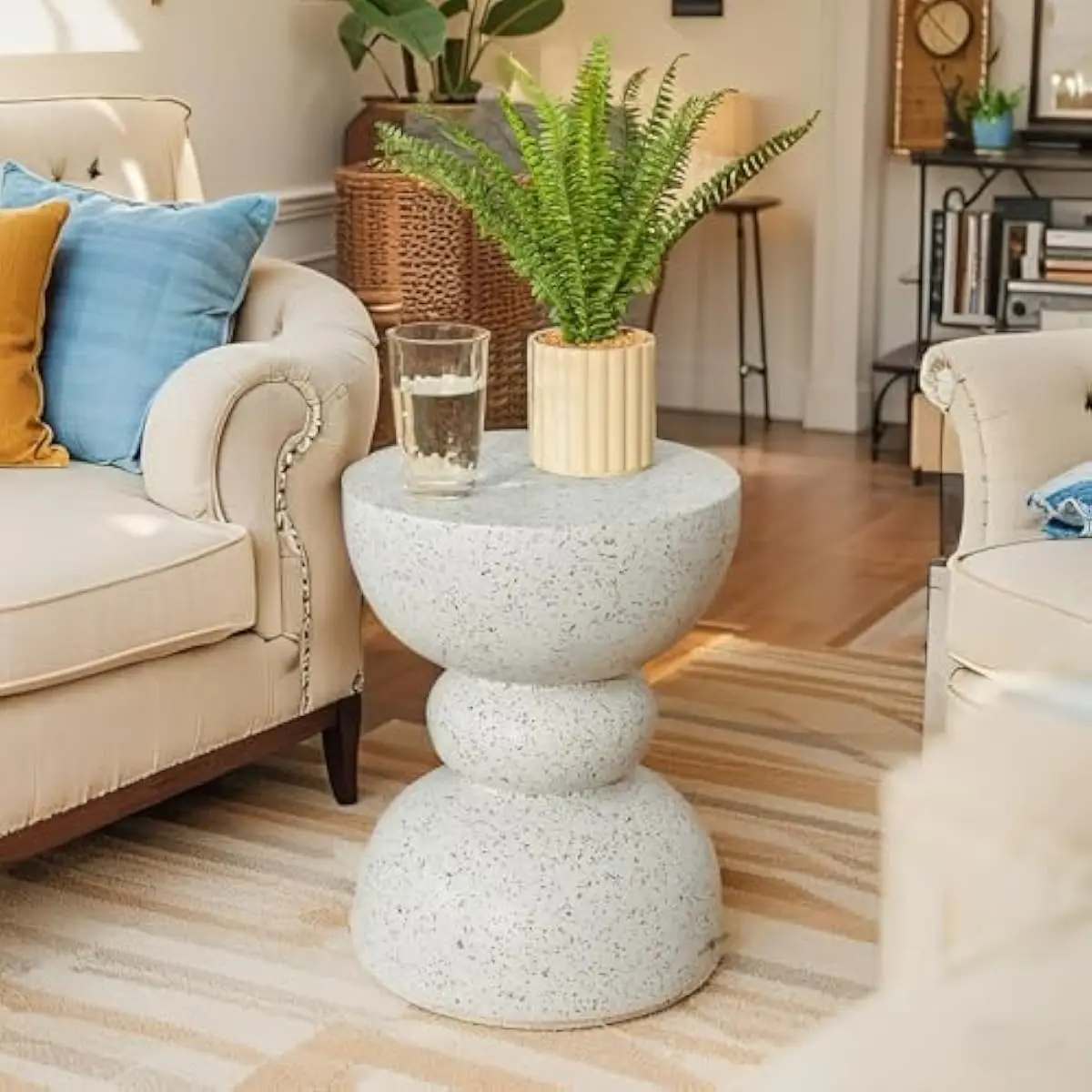 Small Round Side Table MgO Material with Faux Terrazzo Design, Accent Nightstand Garden Stool Plant Stand for Bedroom Patio