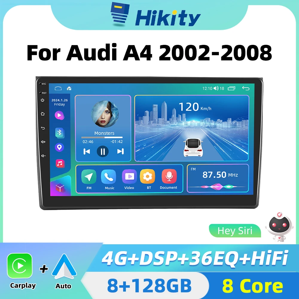 Hikity 2 din Android Car Radio CarPlay for Audi A4 B6 2002-2008 Android Auto Stereo 4G Car Multimedia GPS 2din autoradio No DVD