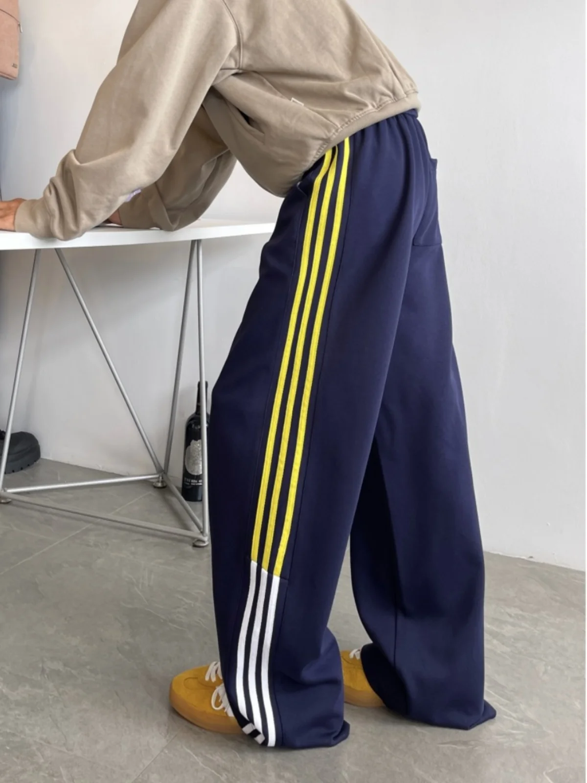 

k Blue Stripe Knife Men's Spring Autumn Heavy Du Drapey Sports Pants Loose Wide Leg Straight Casual Trousers