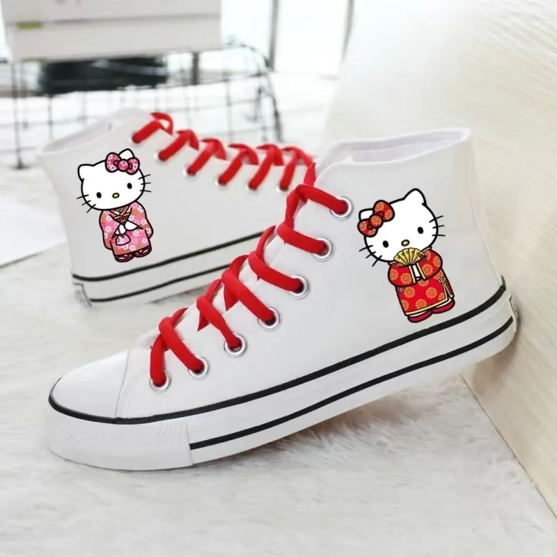 Hello Kitty White Printed High Top Unisex Sneakers Couple Small White Shoes Student Hand Painted Graffiti Canvas Shoes Zapatos