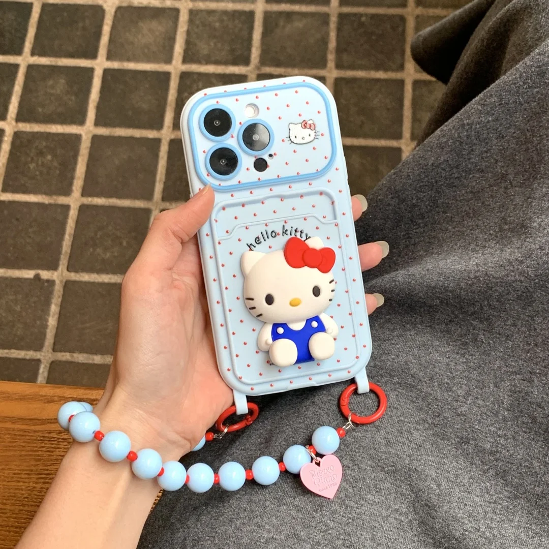 

3D Stereoscopic Cartoon Hello Kitty Cute Polka Dot Phone Case For iPhone 15 14 16 Pro Max Blue color Card pocket wallet Cover﻿